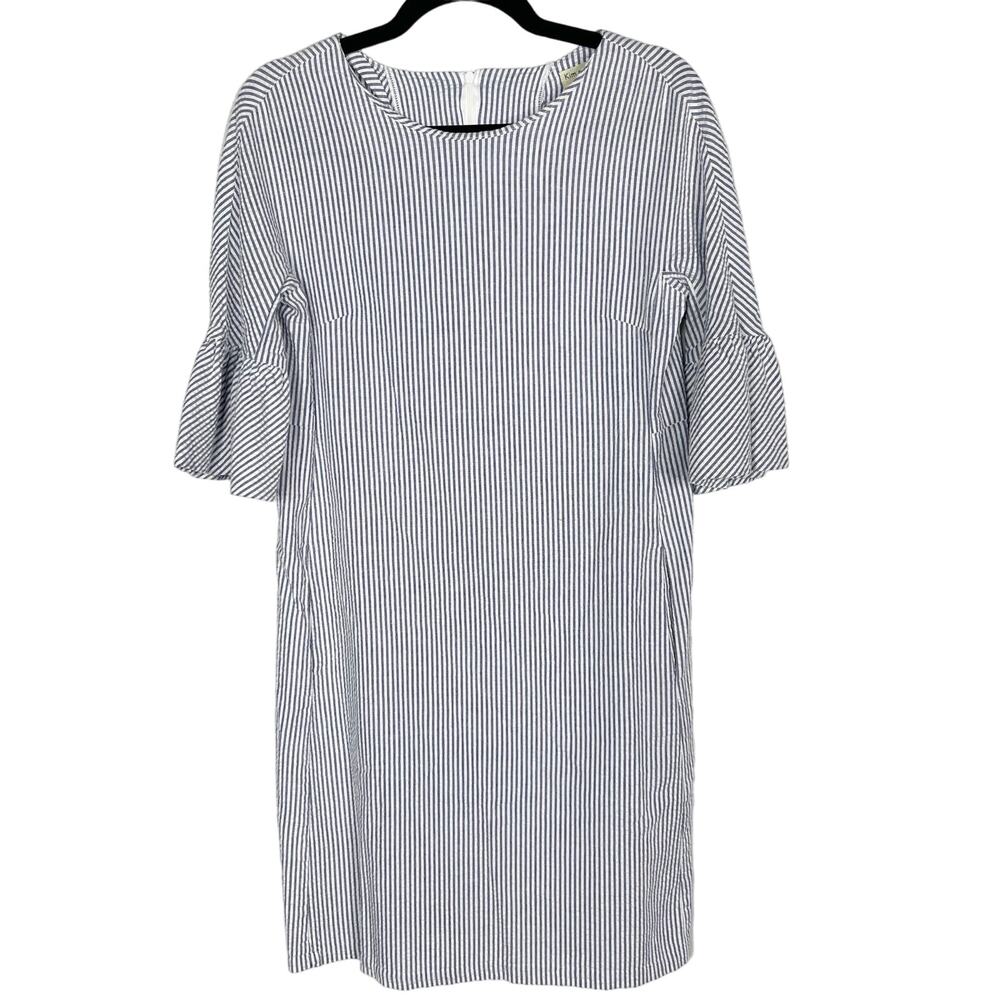 Kim and Proper XXS Blue White Seersucker Striped Short Bell Sleeve Dress Cotton